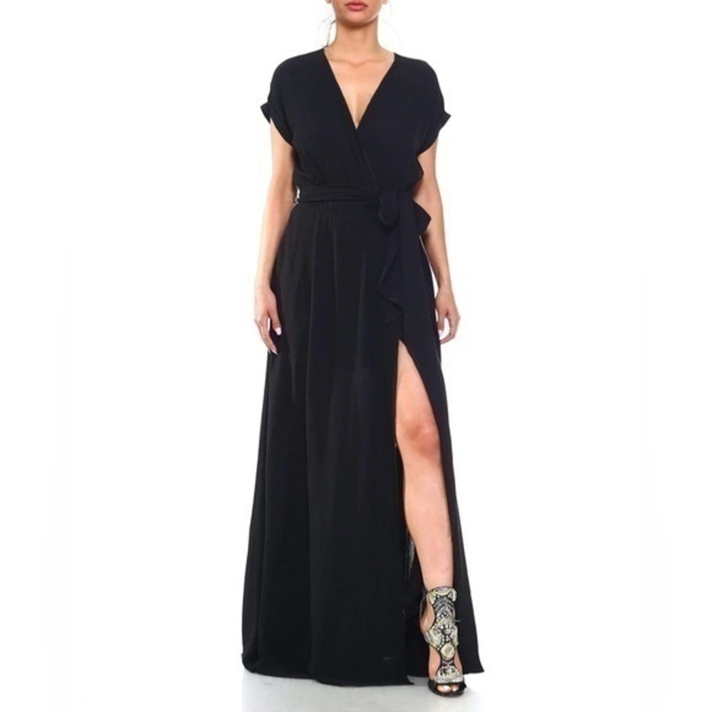 Meghan LA Jasmine Solid Black Tie Waist Maxi Dress Size Small